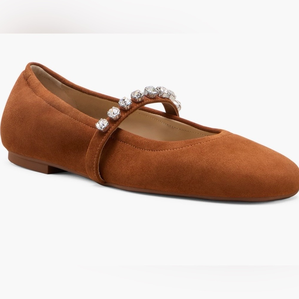 Stuart Weitzman Goldie Ballet Flats with Crystal Detail in Luxe Saddle Suede NIB